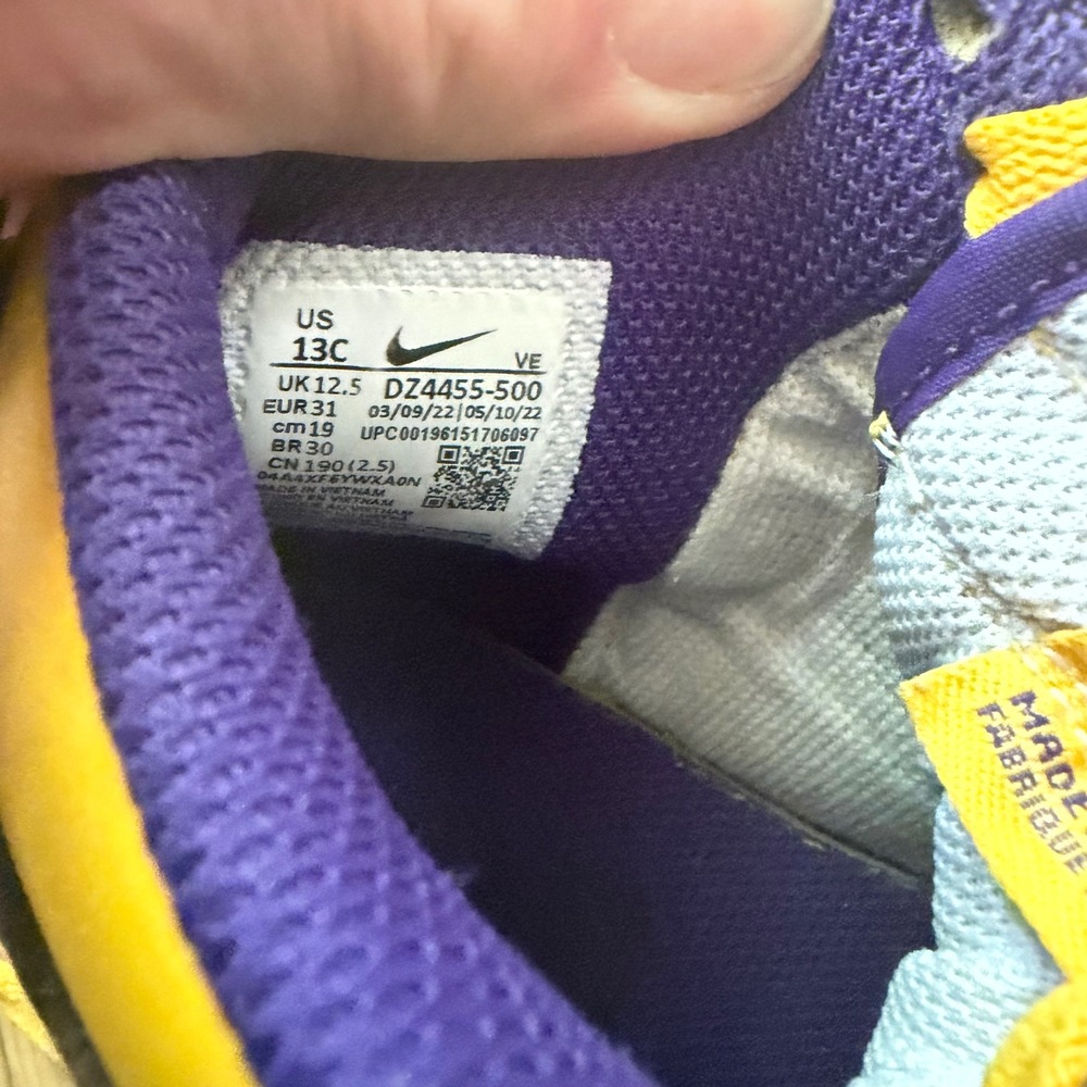 Nike Dunk High Varsity Purple University Gold Lakers Kids Shoes 13C DZ4455-500 - Picture 8 of 8